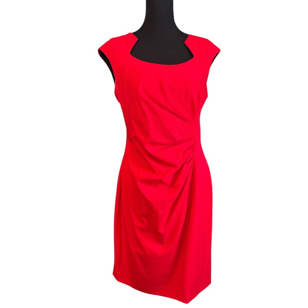 NWOT Calvin Klein Red Side-Ruched, Notched Neck Sleeveless Sheath Dress, Size 12